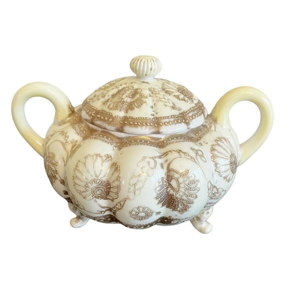 Vintage Nippon Gold Gilded Moriage Porcelain Footed Covered Sugar Bowl
